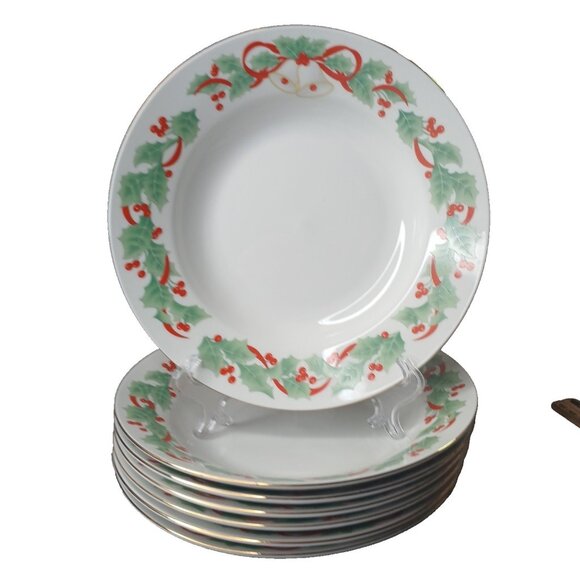 Sango NOEL 7 Rimmed 7 3/4" Soup Cereal Bowls Vintage Holly Bells Christmas 1990 - Picture 1 of 13